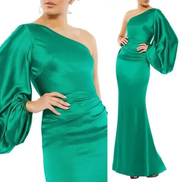 Mac Duggal Dresses & Skirts - MAC DUGGAL 26588 SATIN‎ PUFF SLEEVE ONE SHOULDER EMERALD GREEN GOWN sz 6